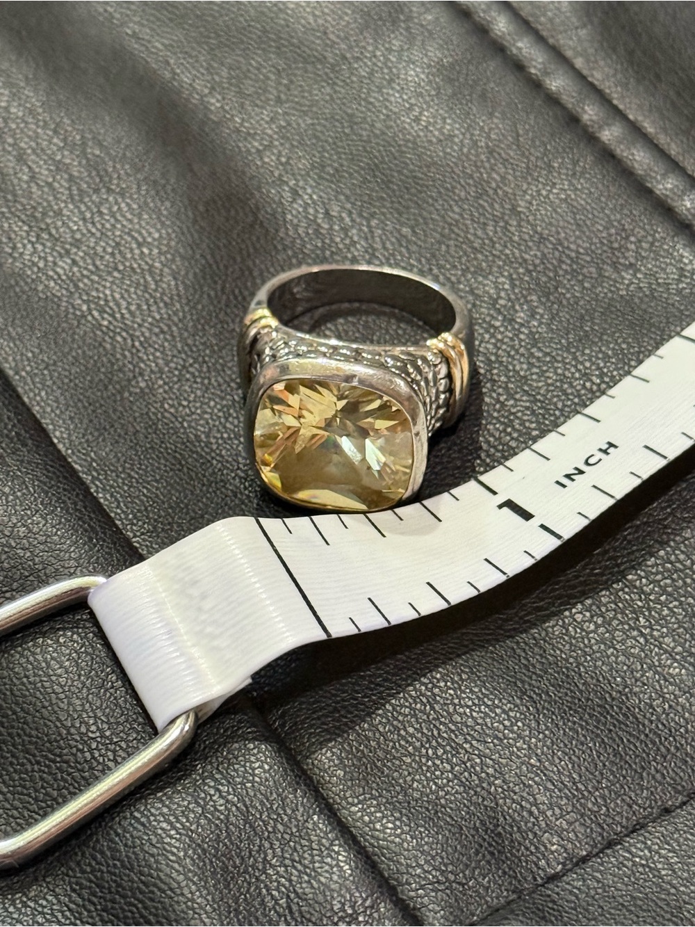 Sterling Silver Ring Two Tone Statement  Cushion Cut Yellow Stone Size 8 - Picture 10 of 13